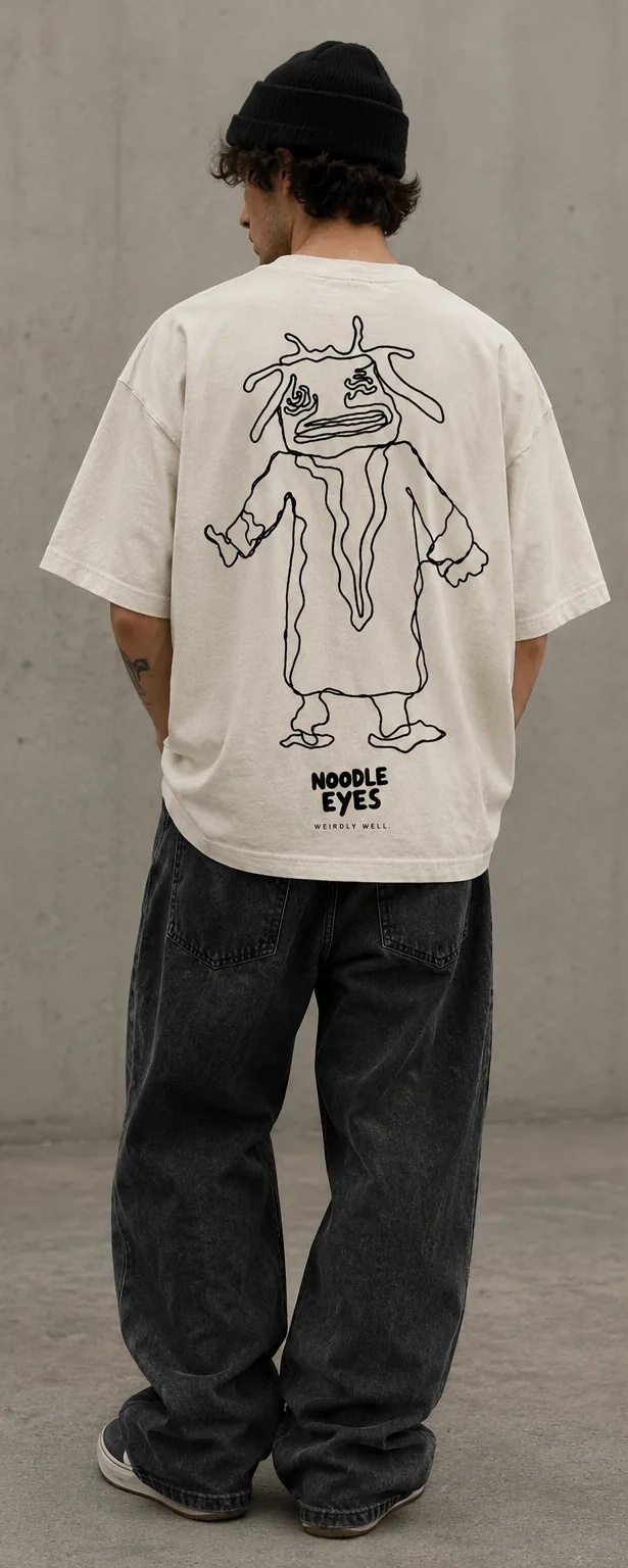 Visualisierung: Rückenansicht, cremefarbenes Shirt mit großer Linienfigur